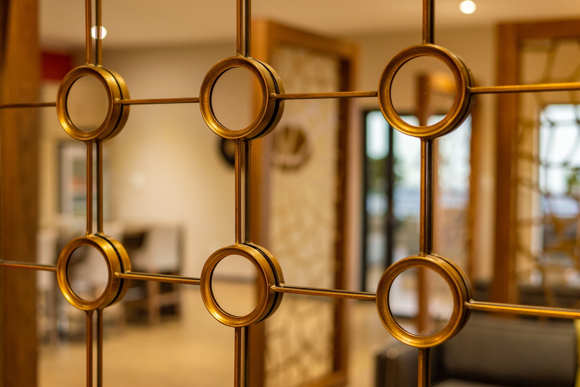 Detail of the gold ring screen inside the Lanseria Advantage Lounge